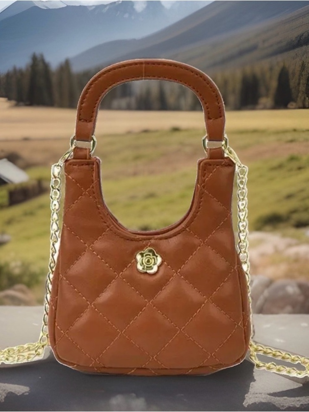 Quilted Mini Top-Handle Fashion Bag in Brown with Gold Chain